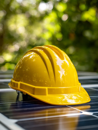 A vibrant yellow helmet gently balances atop a solar array, set against a softly blurred backdrop of lush foliage, illustrating sustainable building practices and saの写真素材