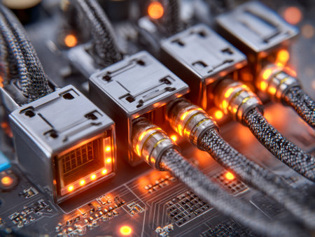 Vibrant, glowing braided cords link to sleek metal interfaces on a circuit platform, highlighting...