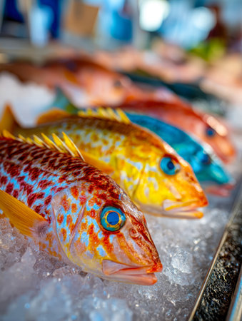 Vibrant, shimmering fish with vivid scales and striking blue eyes are artfully arranged on crushed ice, creating an energetic and colorful seafood display bustling wの写真素材
