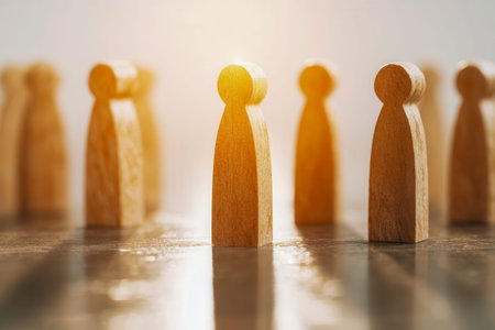 Diverse wooden figures positioned in a cohesive pattern on a glossy surface highlight harmony,...