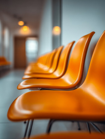 A sleek row of vibrant orange chairs stretches along a sunlit, minimalist corridor, offering a tranquil space for waiting in a contemporary public or corporate settiの写真素材