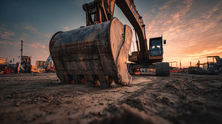 A massive excavator attachment lies dormant on the rough terrain as twilight casts a golden hue, industrial machinery silhouettes against a vibrant, sunset-streakedの写真素材
