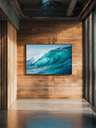 Sunlit space with warm wood finishes, accented by a stunning, vivid ocean wave artwork and expansive windows filling the room with natural illumination.の写真素材
