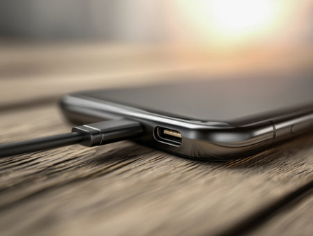 A sleek smartphone lies atop a rustic wooden table, bathed in gentle daylight, symbolizing seamless integration of innovation and energy flow.の写真素材