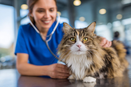 A caring veterinarian gently examines a soft, multicolored feline in a sleek, contemporary clinic,...