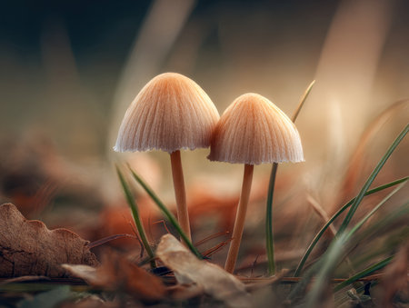A cluster of slender, earthy-toned fungi nestled amid decayed foliage and wispy grass, illuminated by gentle sunlight filtering through the woodland canopy.の写真素材