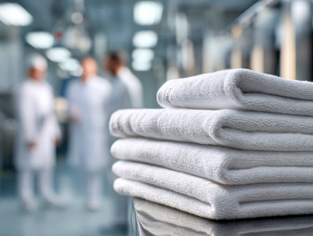 Immaculate white linens are neatly folded and stacked in a pristine clinical setting, while healthcare workers converse softly amid a softly blurred environment.の写真素材