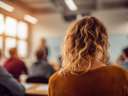 A focused young woman with lively curls absorbs information amid a sunlit classroom, her expression attentive as peers and instructor fade into a soft background.の写真素材