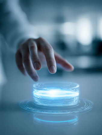 A human hand reaches out to touch a luminous, high-tech digital control embedded within a dynamic,...
