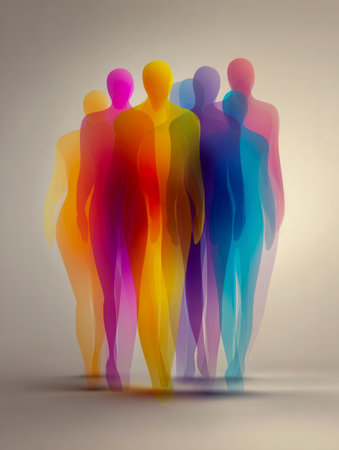 Dynamic, colorful figures blend seamlessly, symbolizing harmony and movement, set against a subtle backdrop ideal for inspiring innovative visual narratives.の写真素材