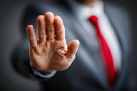 A sharp-dressed professional extends his hand in a commanding gesture, conveying a firm boundary within a modern office setting, emphasizing authority and clarity.の写真素材