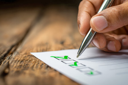 A hand carefully checks off items with a sleek silver pen on a weathered wooden surface, embodying...