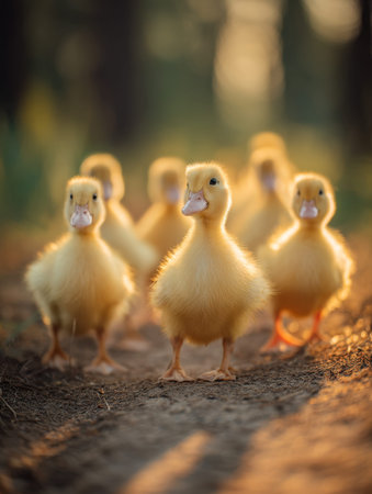 A charming procession of tiny yellow chicks tramping along a sun-drenched earth trail, surrounded by...