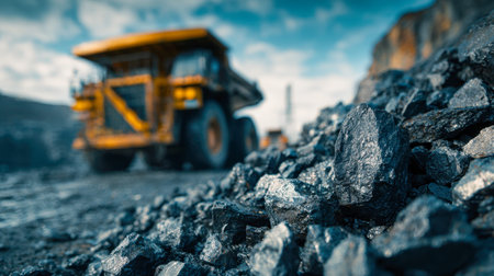A massive haul yellow truck dominates the scene as it maneuvers through a rugged mining site, with...