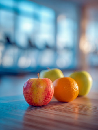 Vibrant apples and a juicy orange rest on a rustic wooden surface, set against a softly focused backdrop of a cheerful, contemporary home interior.の写真素材