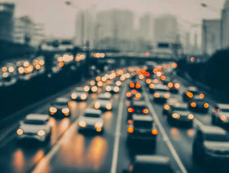 Vibrant streaks of light swirl across a glistening road, capturing the energy of city commute amid a...