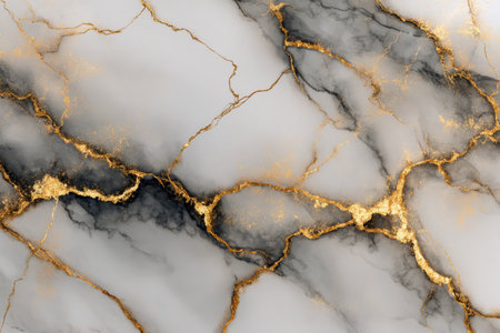A refined marble surface featuring striking gold veins that evoke opulence and classic elegance, ideal for enhancing interior aesthetics and decorative accents.の写真素材