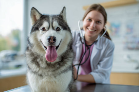 A cheerful husky with tongue lolling out receives a gentle health check from a smiling female vet in a brightly lit clinic, exemplifying compassionate pet care.の写真素材