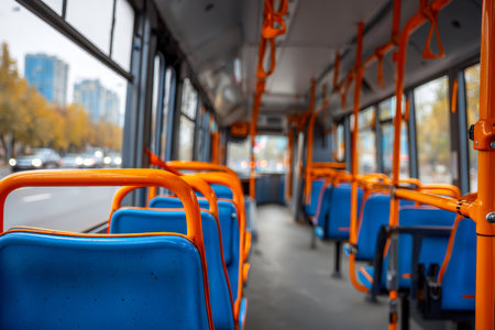 Sunlit urban bus interior featuring lively blue cushioning and bright orange grips, evoking a fresh, modern feel for city travelers on a busy daytime route.の写真素材
