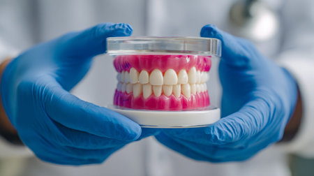 A professional clinician in blue gloves displays a complete artificial teeth set within a clear...