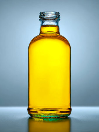 A sleek glass container showcasing rich, amber-colored oil, set on a mirror-like surface with a gentle blue gradient backdrop that evokes purity and natural quality.の写真素材