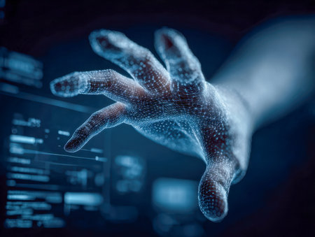 A sleek, cybernetic hand manipulates glowing holograms amid a shadowy, immersive virtual space, embodying cutting-edge innovation and advanced artificial intelligenceの写真素材