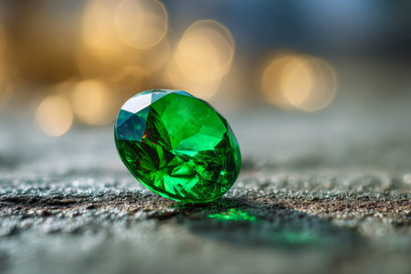 A lush, emerald-hued gemstone with a flawless polish emits a dazzling sparkle on a tactile surface,...