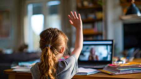 A cheerful young girl sits at her desk, actively engaging in a digital classroom from her cozy home...