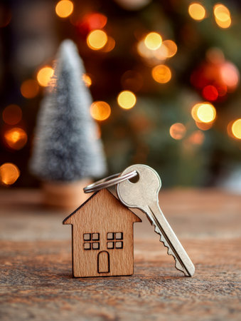A handcrafted wooden house charm paired with a sleek silver key, set against twinkling holiday illumination and a festive miniature evergreen scene.の写真素材
