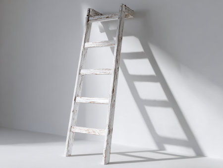 A vintage-inspired white wooden step ladder comfortably rests against a simple wall, its shadow subtly elongating across a luminous, uncluttered space with gentle ilの写真素材