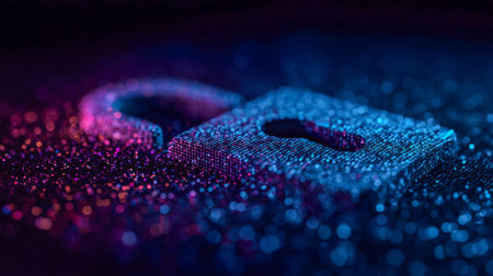 A luminous digital lock, open and radiating striking blue and pink neon hues, embodying the essence of online security and the safeguarding of digital information.の写真素材