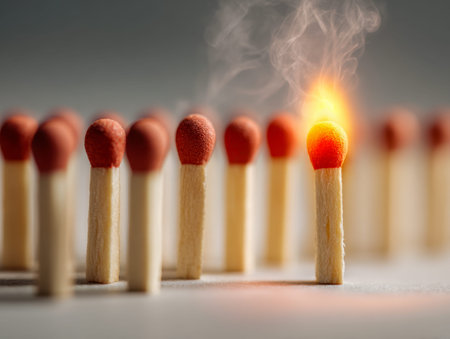 A solitary match sparks to life, casting a vivid glow and rising smoke beside a lineup of inactive...