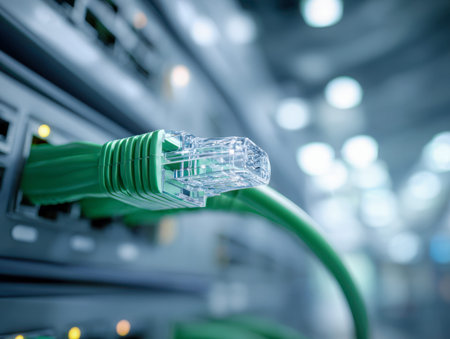 A vibrant green cable connects seamlessly to a server port, set against a softly blurred data center...