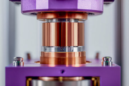 A close-up of a finely crafted copper part nestled inside a vibrant purple industrial apparatus,...