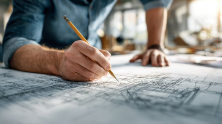 A creative professional passionately drafts precise design schematics on a spacious blueprint, surrounded by natural light and inspiring workspace elements.の写真素材