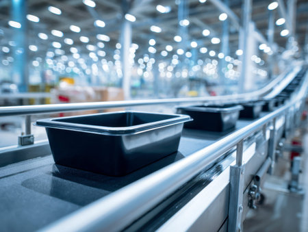 Brightly illuminated factory scene featuring a sleek conveyor system moving matte black plastic...