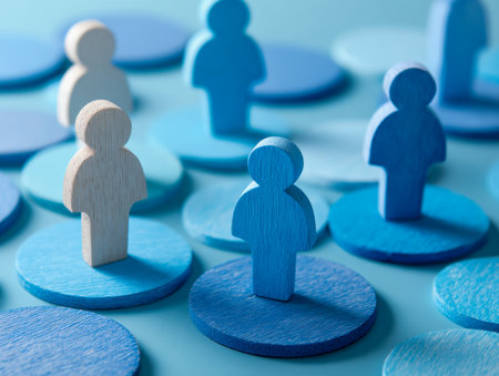 A dynamic display of wooden figures in blue tones, seated on round bases, illustrating unity, collaboration, and the strength of varying social bonds.の写真素材