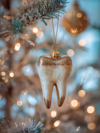 A shimmering gold and white tooth charm adorned with sparkling glitter, delicately suspended from a...