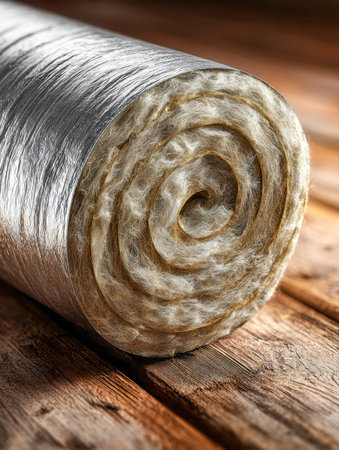 A rolled layer of thermal insulation featuring a shiny, reflective foil surface rests on a wooden table, ideal for enhancing home energy savings and temperature reguの写真素材