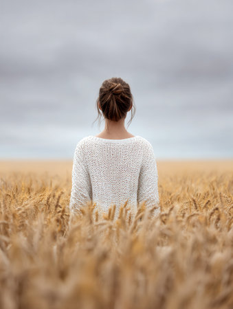 A serene woman in a soft white knit relaxes amidst tall wheat stalks, under a moody gray sky, embracing tranquility in the embrace of expansive nature.の写真素材