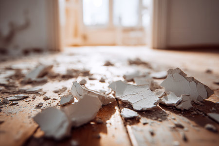 Sunlit room reveals worn wooden planks strewn with flaking paint fragments, hinting at neglected elegance awaiting renewal.の写真素材