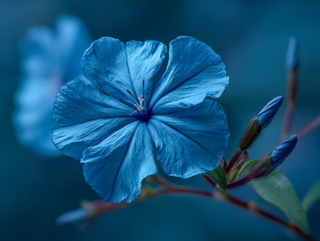 A gentle blue flower with detailed, layered petals and nearby unopened buds rests peacefully amidst a tranquil, softly blurred natural landscape.の写真素材