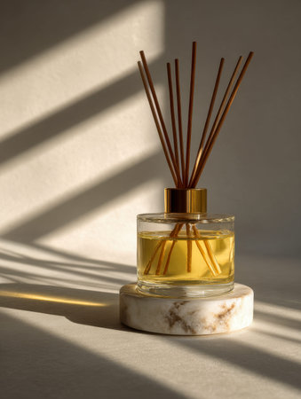 Warm sunlight illuminates a luxurious golden-hued diffuser atop a sleek marble plinth, creating soft...