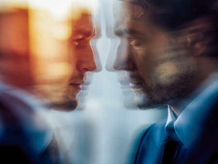 A professional in formal wear gazes into a reflective glass surface, illuminated by soft, swirling lights that evoke deep introspection during twilight.の写真素材