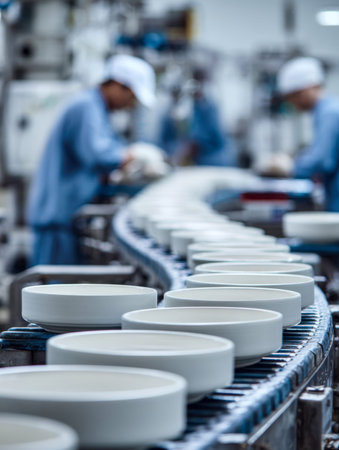 Skilled workers carefully examine pristine white ceramic bowls on a busy factory assembly line,...