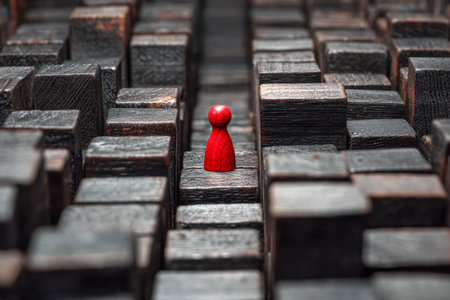 A vibrant red symbol amid a labyrinth of dark wooden obstacles, embodying individual resilience and strategic navigation through intricate life or business paths.の写真素材