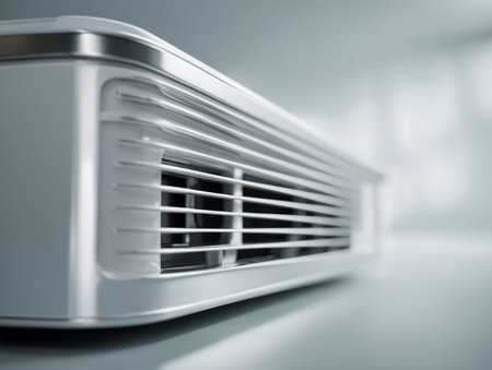 A minimalist indoor air cleaning device with streamlined horizontal openings, enhancing space elegance while elevating air purity in stylish modern interiors.の写真素材