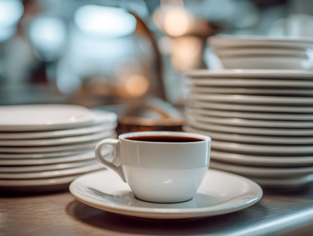 A cozy breakfast scene features a white ceramic mug with steaming coffee on a matching saucer, nestled among neatly stacked plates in a gentle, inviting kitchen ambienceの写真素材