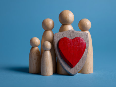 A handcrafted wooden family ensemble stands beneath a symbolic shield adorned with a vibrant red heart, conveying warmth, unity, and protection against a serene blueの写真素材