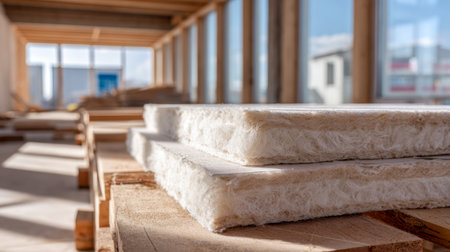 Bright, contemporary construction environment featuring neatly stacked wool insulation panels, emphasizing eco-conscious materials for sustainable home development.の写真素材